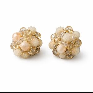 Vintage Cluster Bead Clip-On Earrings Champagne Ivory Statement Floral